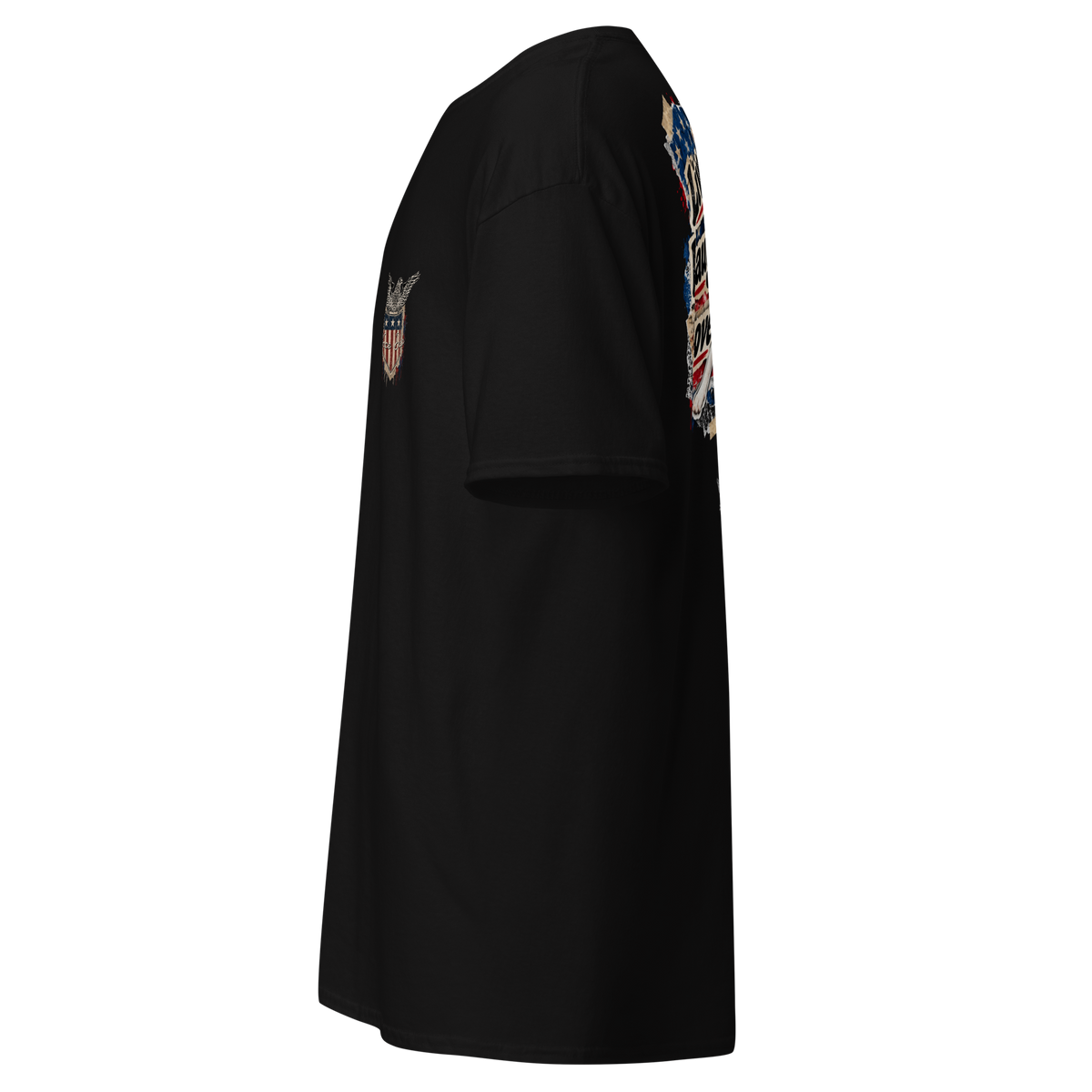 Black t-shirt shown from the side, showing the printed sleeve