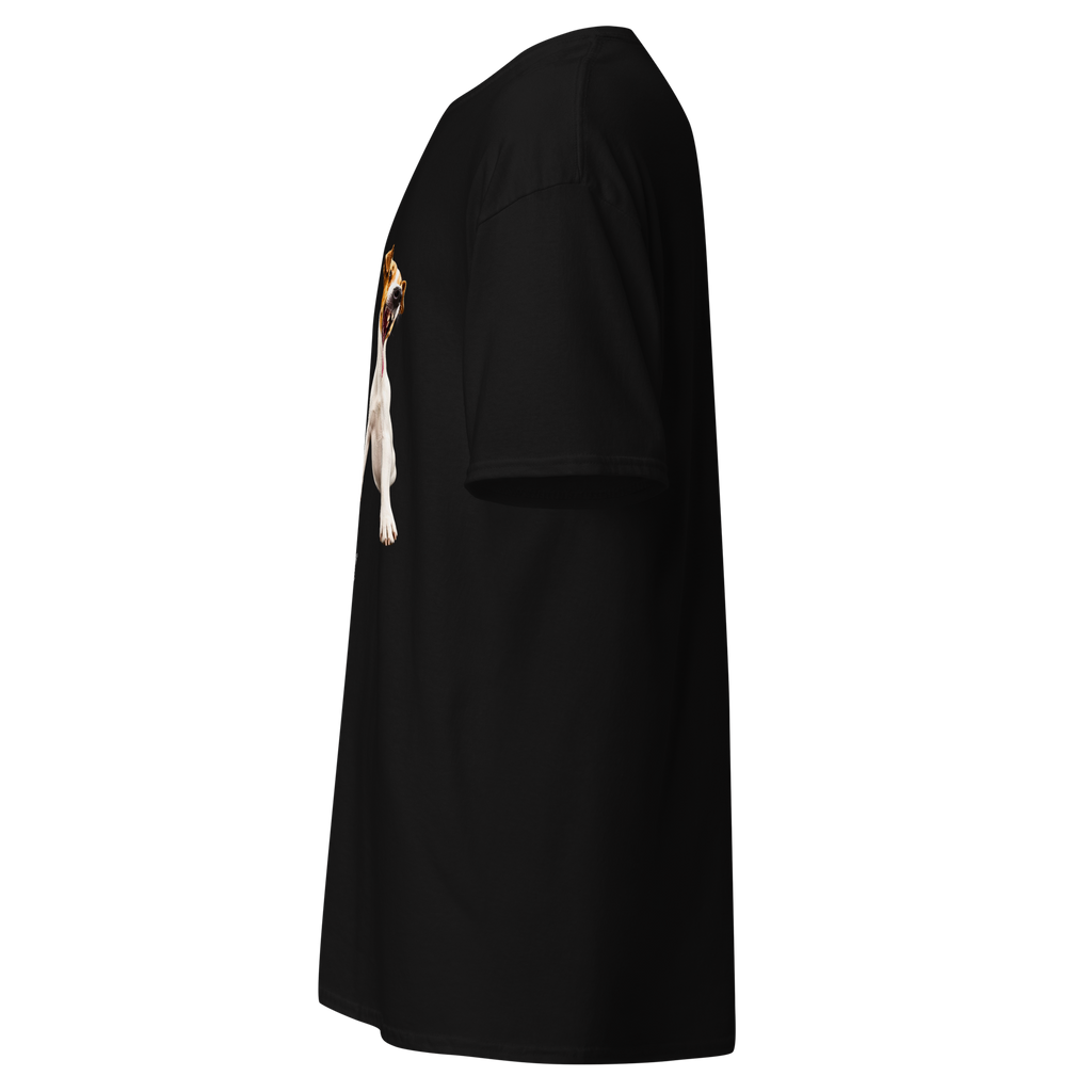 Black t-shirt shown from the side, showing the printed sleeve