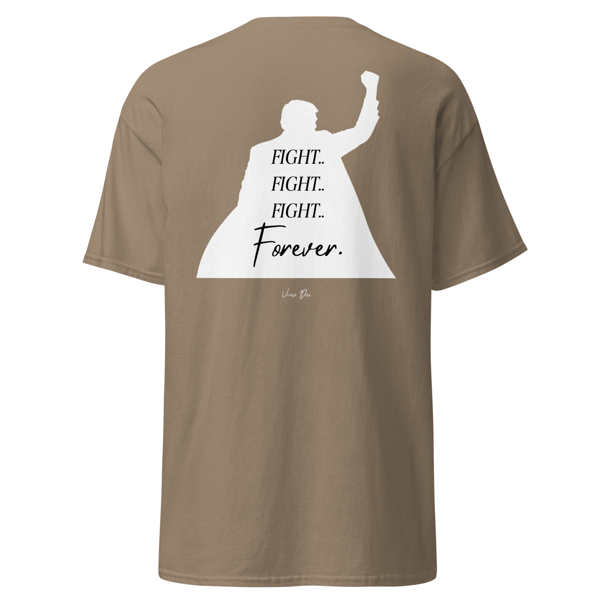 Tan t-shirt with the Fight Fight Fight Forever raised-fist design