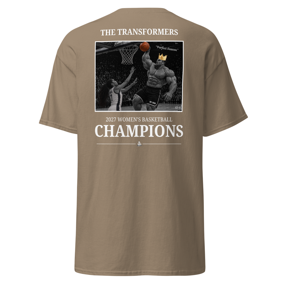 Tan t-shirt with The Transformers 2027 Women's Basketball Champions photo design