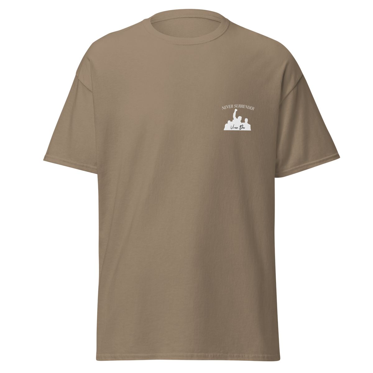 Tan t-shirt with a small white fist-and-podium emblem on the left chest