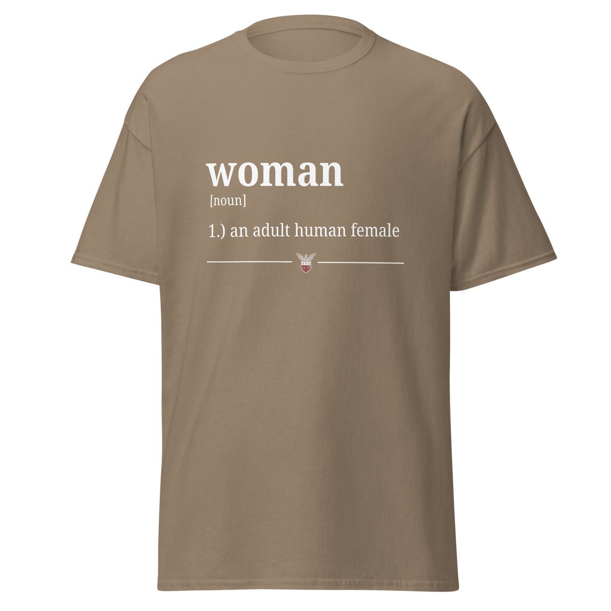 Tan t-shirt printed with the dictionary definition of woman, an adult human female