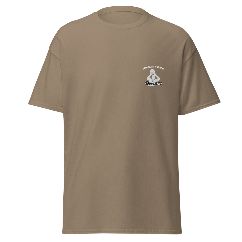 Tan t-shirt with a small white basketball emblem on the left chest