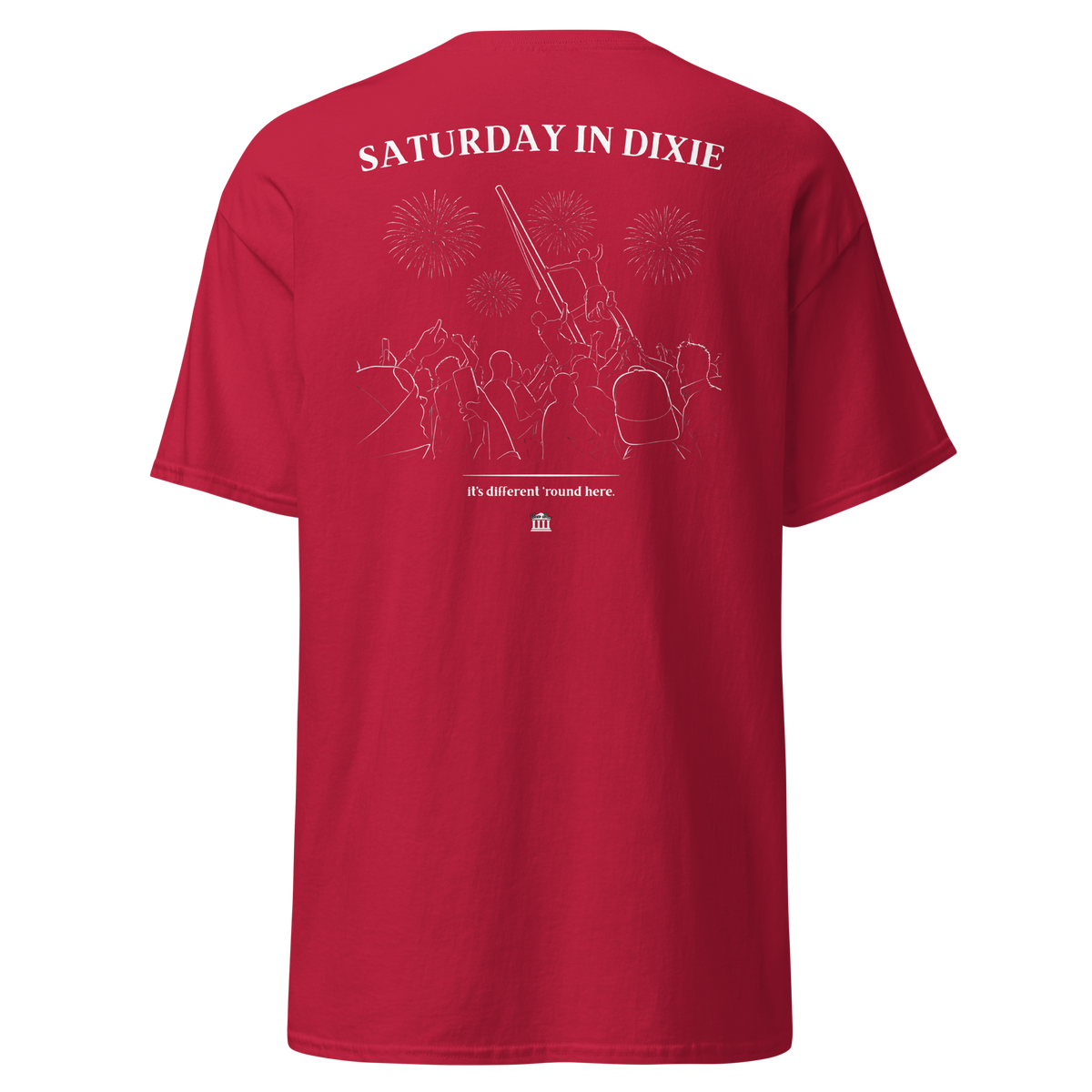 Red t-shirt with the Saturday in Dixie stadium crowd and fireworks design