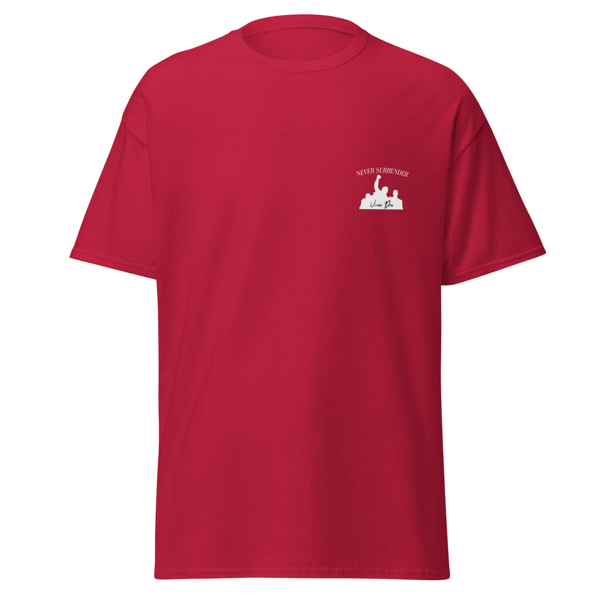Red t-shirt with a small white fist-and-podium emblem on the left chest
