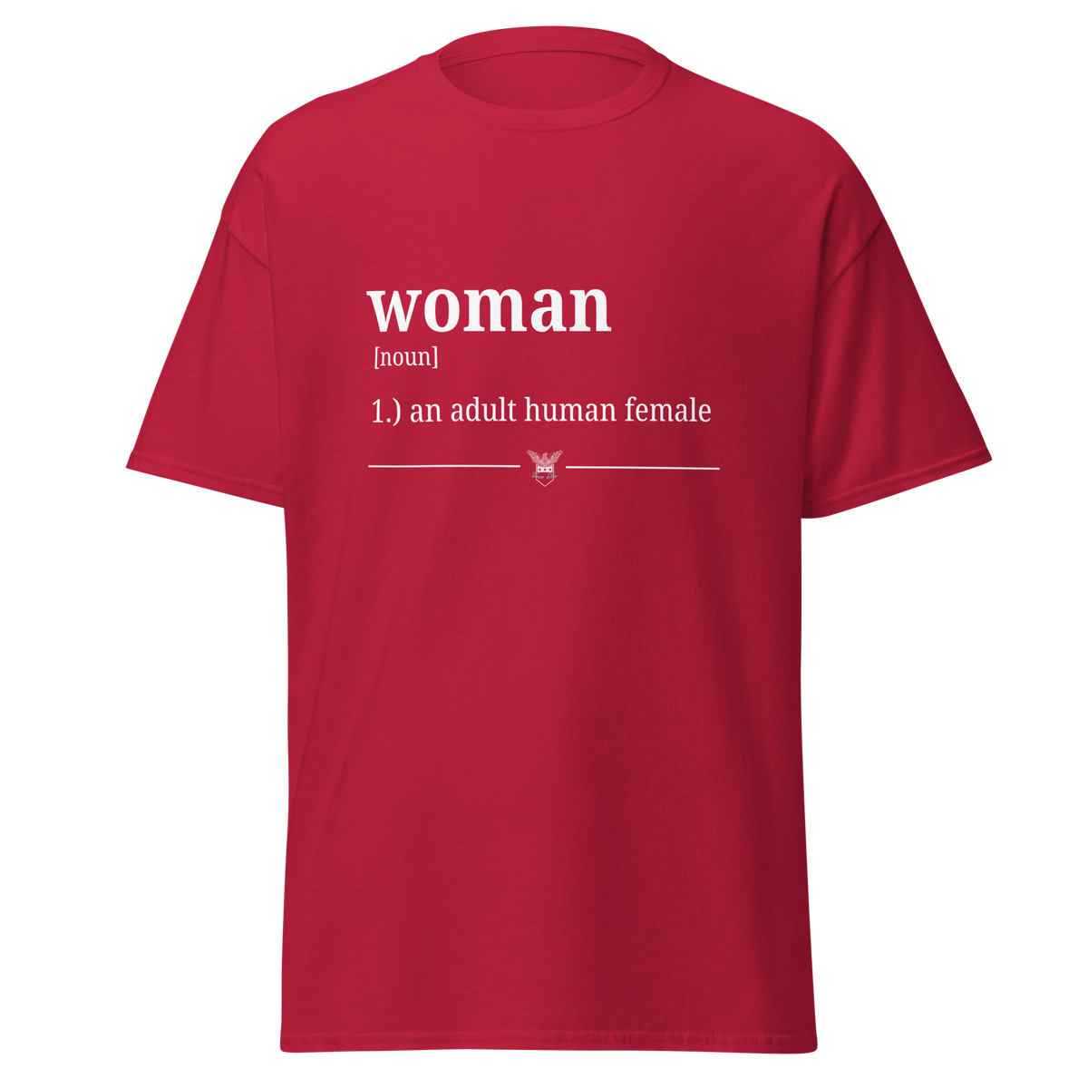 Red t-shirt printed with the dictionary definition of woman, an adult human female
