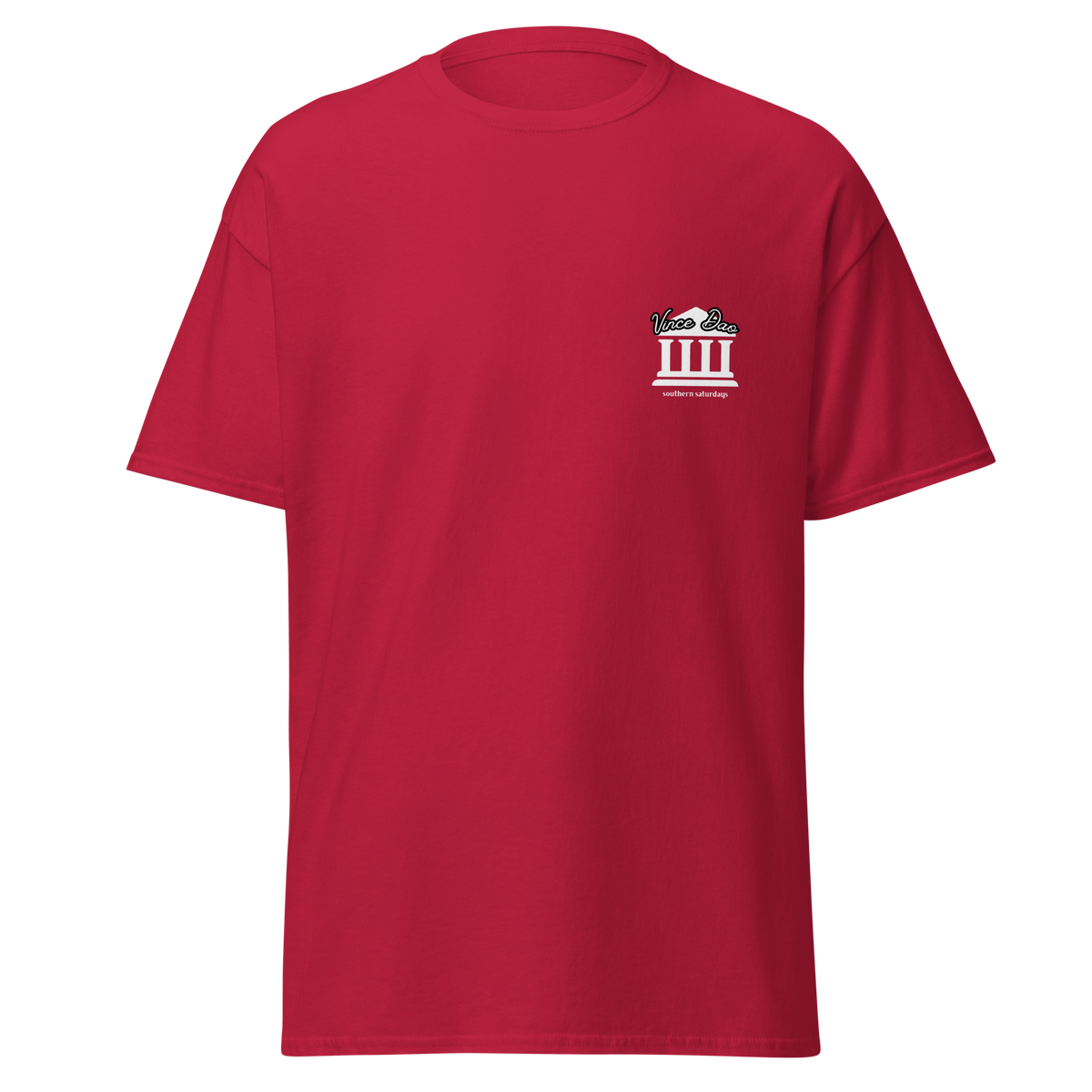 Red t-shirt with a small white columned building emblem on the left chest