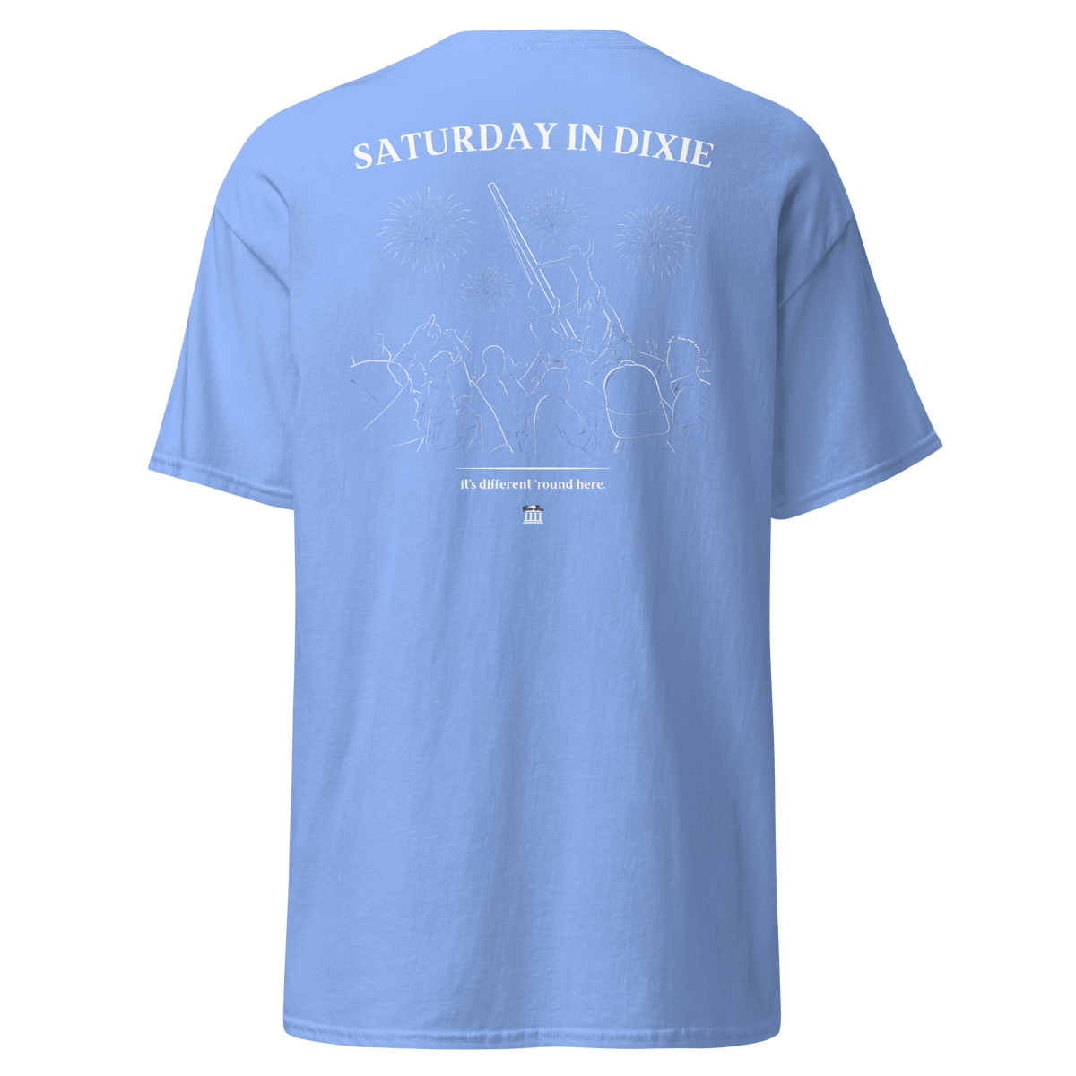 Light blue t-shirt with the Saturday in Dixie stadium crowd and fireworks design