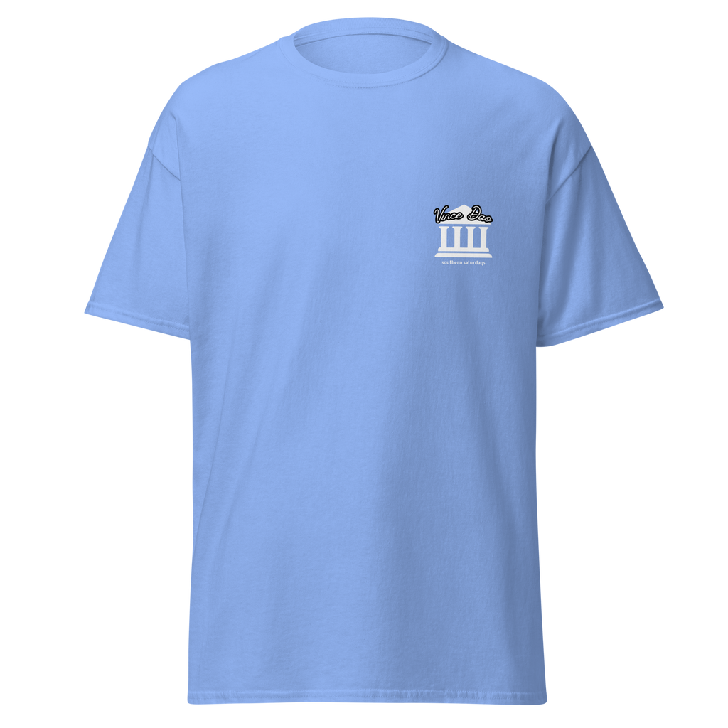 Light blue t-shirt with a small white columned building emblem on the left chest