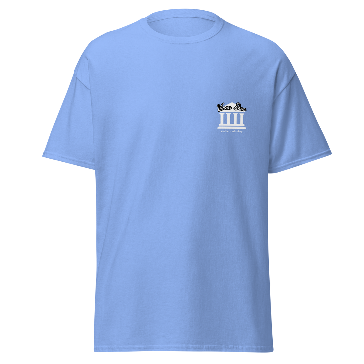 Light blue t-shirt with a small white columned building emblem on the left chest