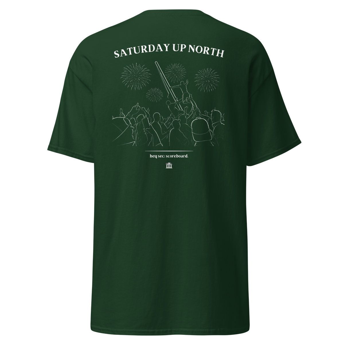Forest green t-shirt with the Saturday Up North stadium crowd and fireworks design