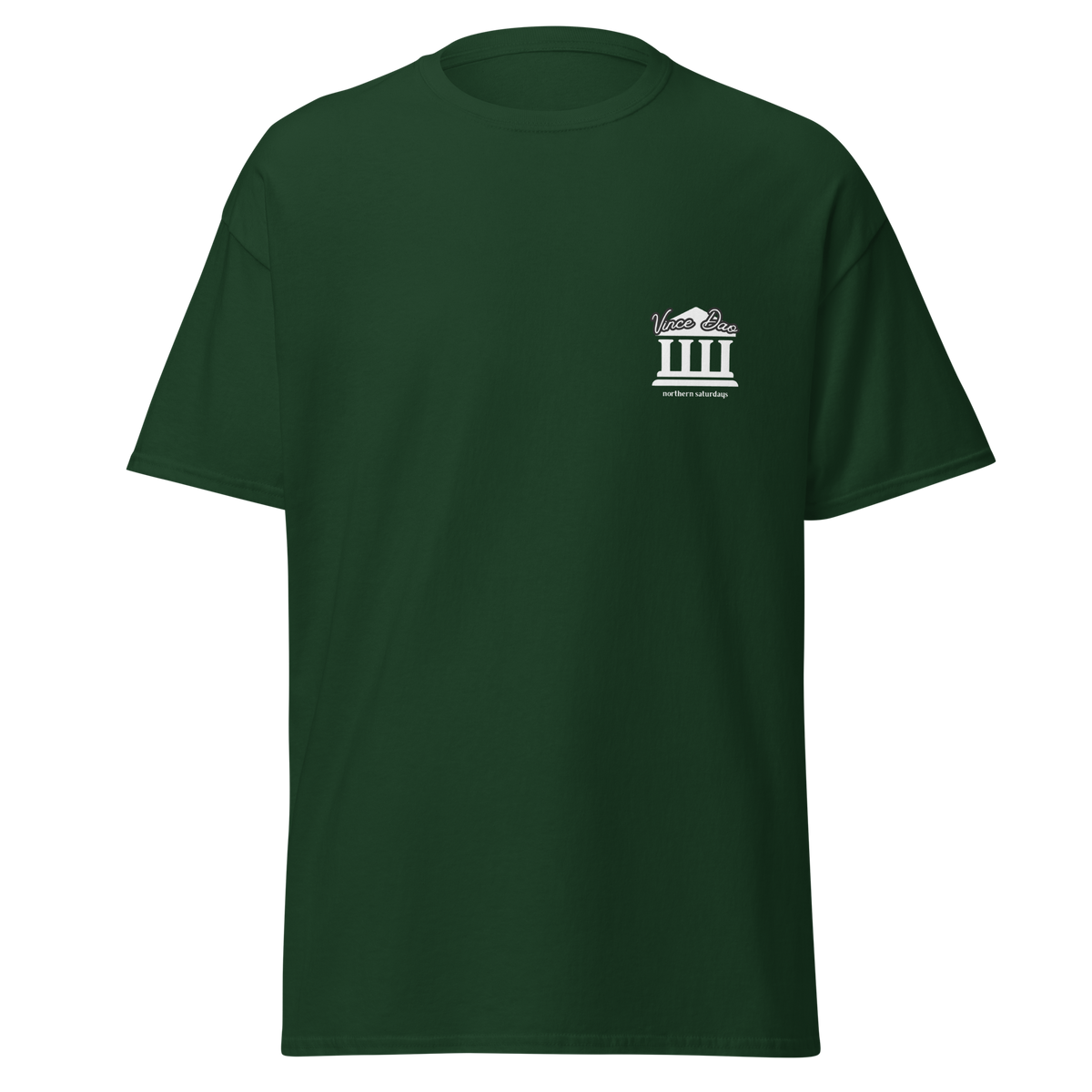 Forest green t-shirt with a small white columned building emblem on the left chest