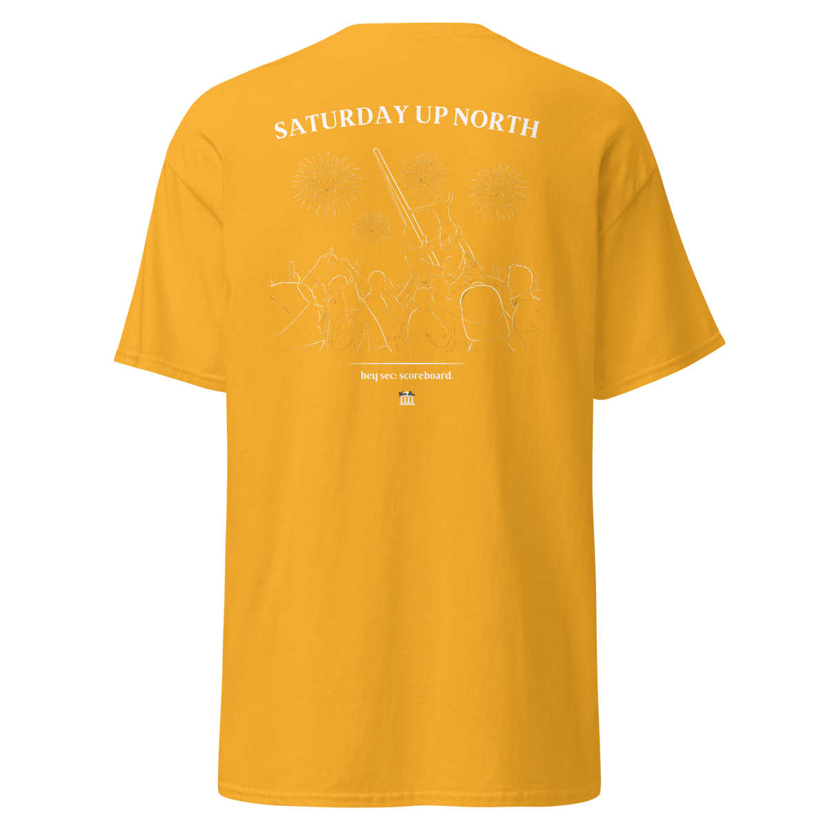 Gold t-shirt with the Saturday Up North stadium crowd and fireworks design