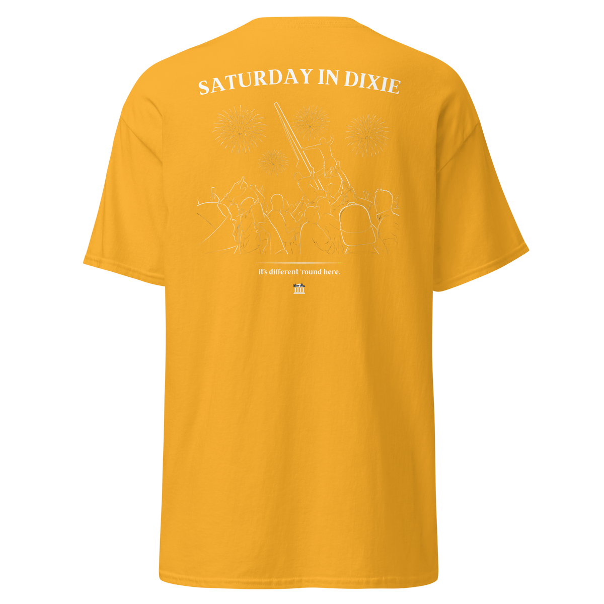 Gold t-shirt with the Saturday in Dixie stadium crowd and fireworks design