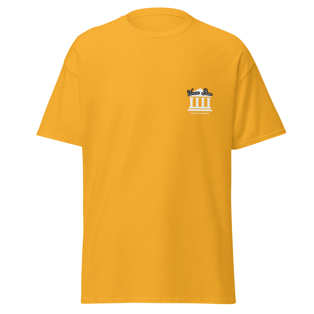 Gold t-shirt with a small white columned building emblem on the left chest