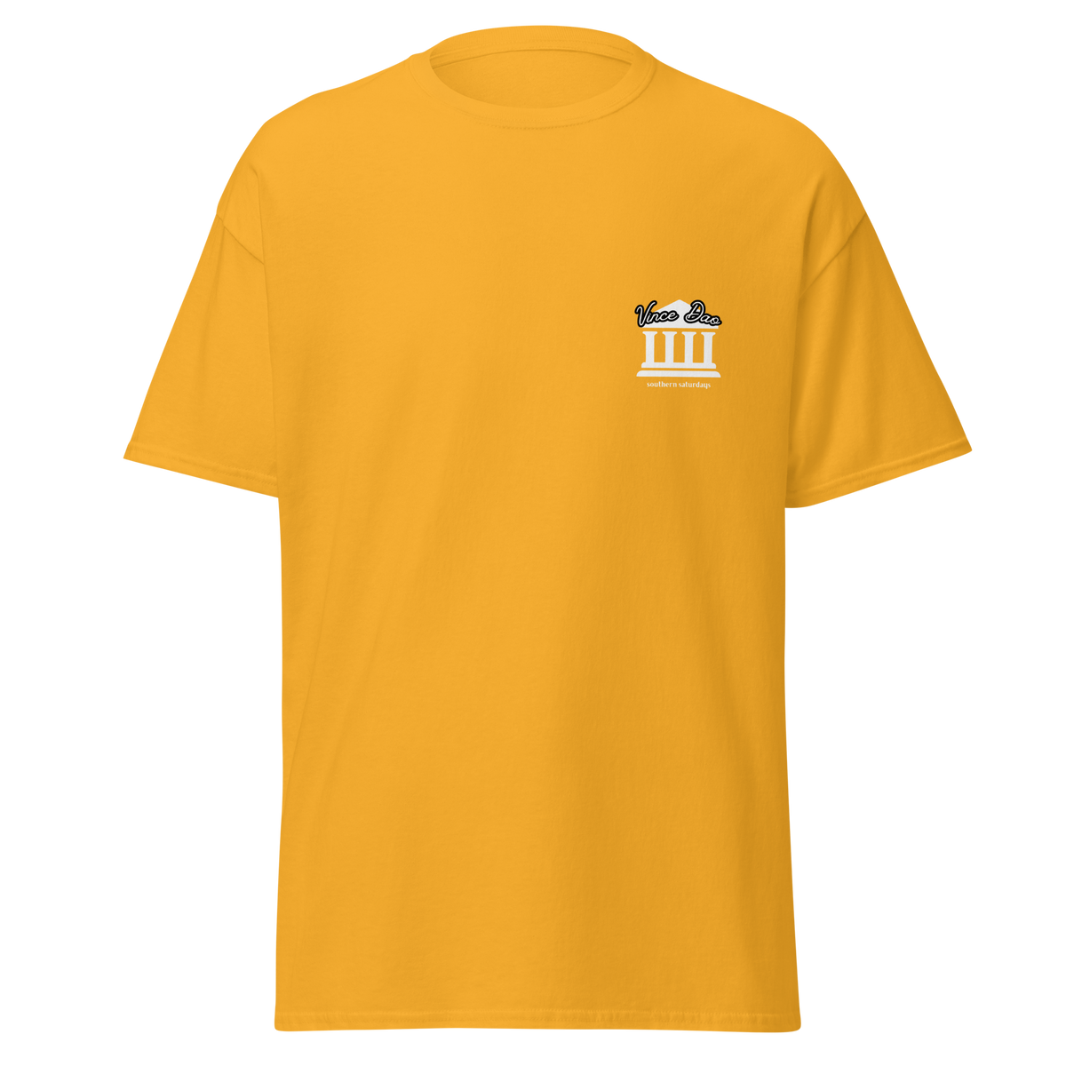 Gold t-shirt with a small white columned building emblem on the left chest