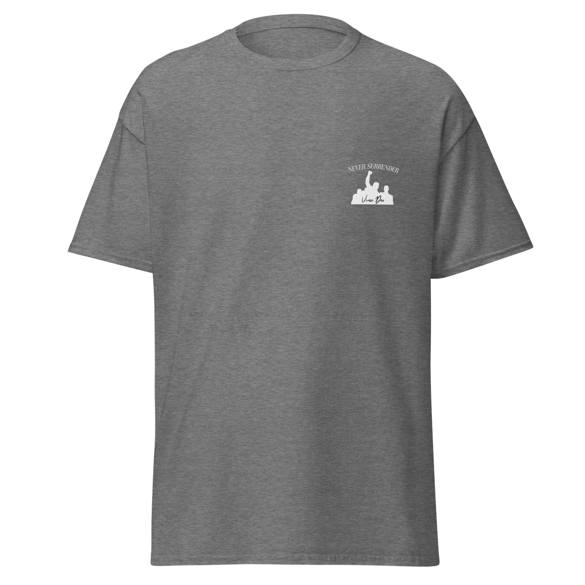Heather grey t-shirt with a small white fist-and-podium emblem on the left chest