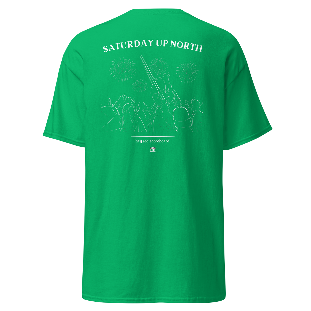 Green t-shirt with the Saturday Up North stadium crowd and fireworks design