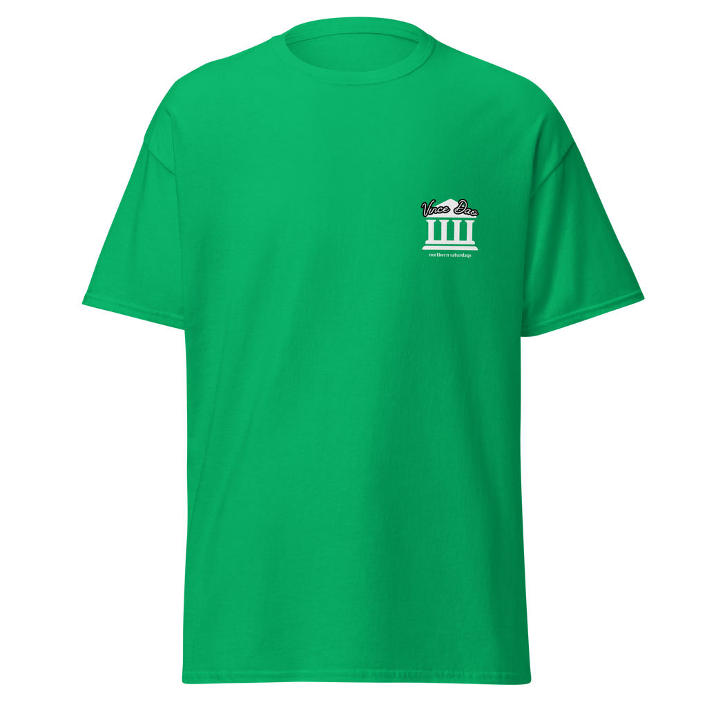 Green t-shirt with a small white columned building emblem on the left chest