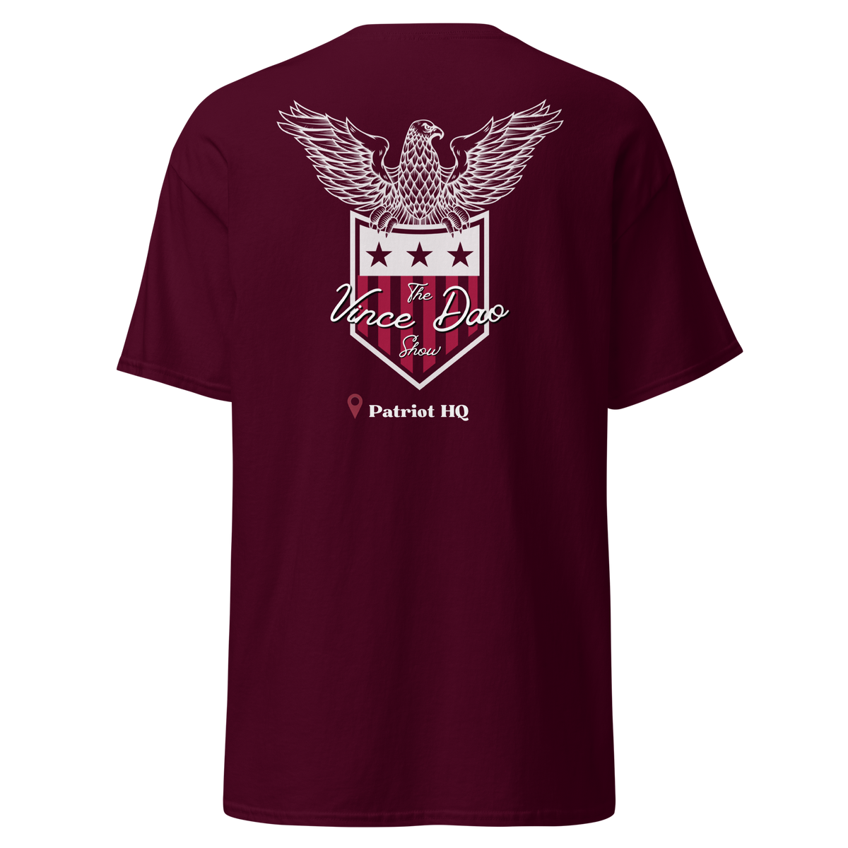 Maroon t-shirt with the Vince Dao eagle and shield crest above the words Patriot HQ