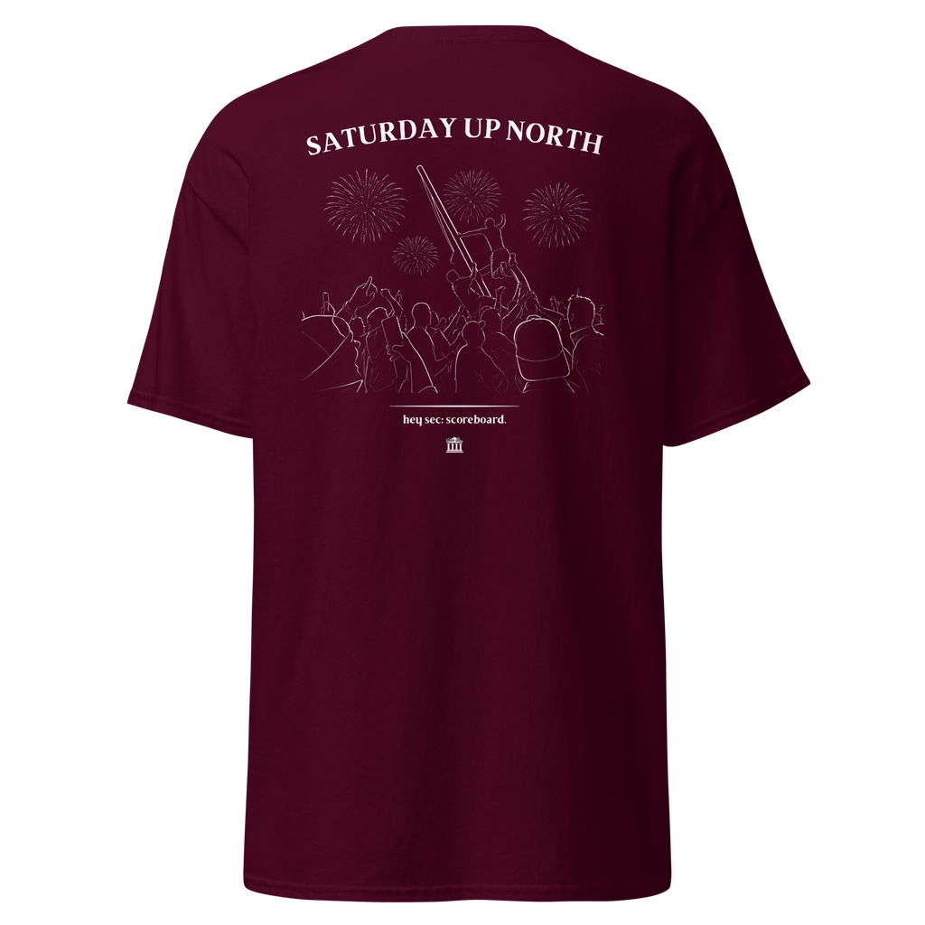 Maroon t-shirt with the Saturday Up North stadium crowd and fireworks design