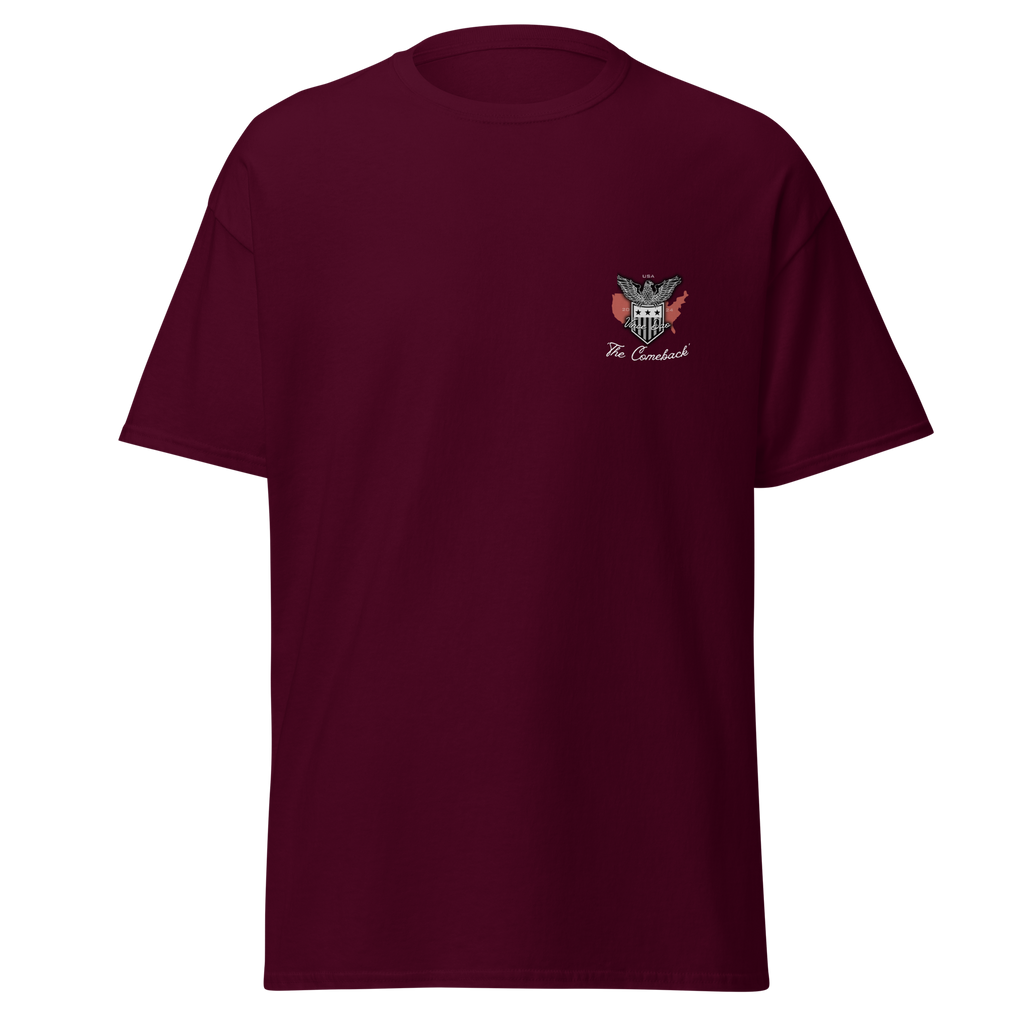 Maroon t-shirt with a small red and white eagle emblem on the left chest