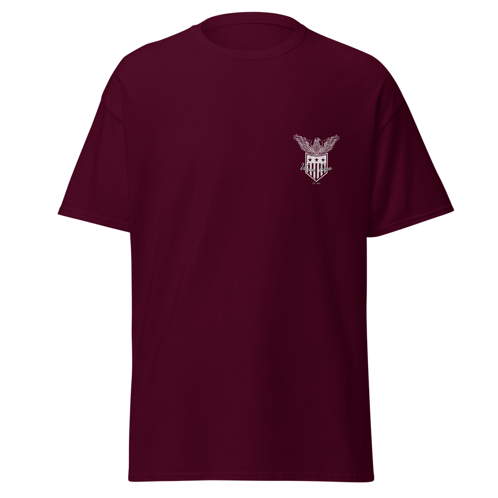 Maroon t-shirt with a small Vince Dao shield crest on the left chest