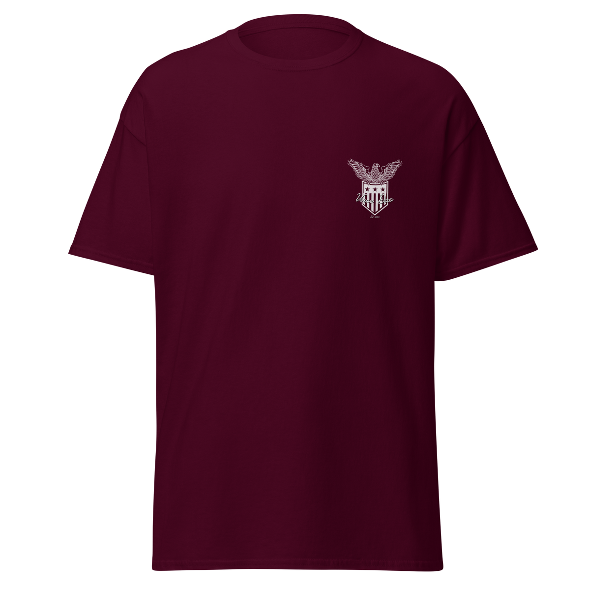 Maroon t-shirt with a small Vince Dao shield crest on the left chest