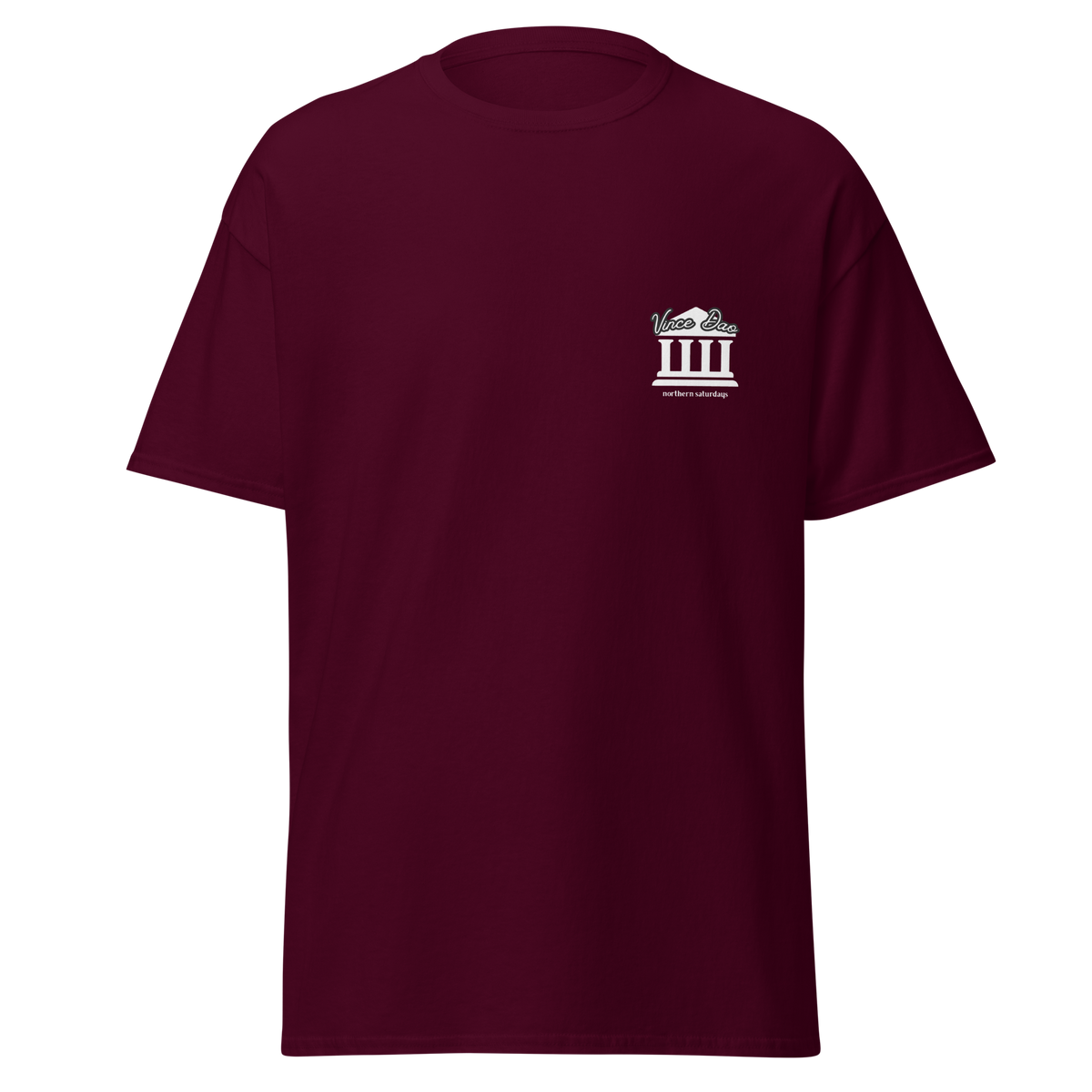 Maroon t-shirt with a small white columned building emblem on the left chest