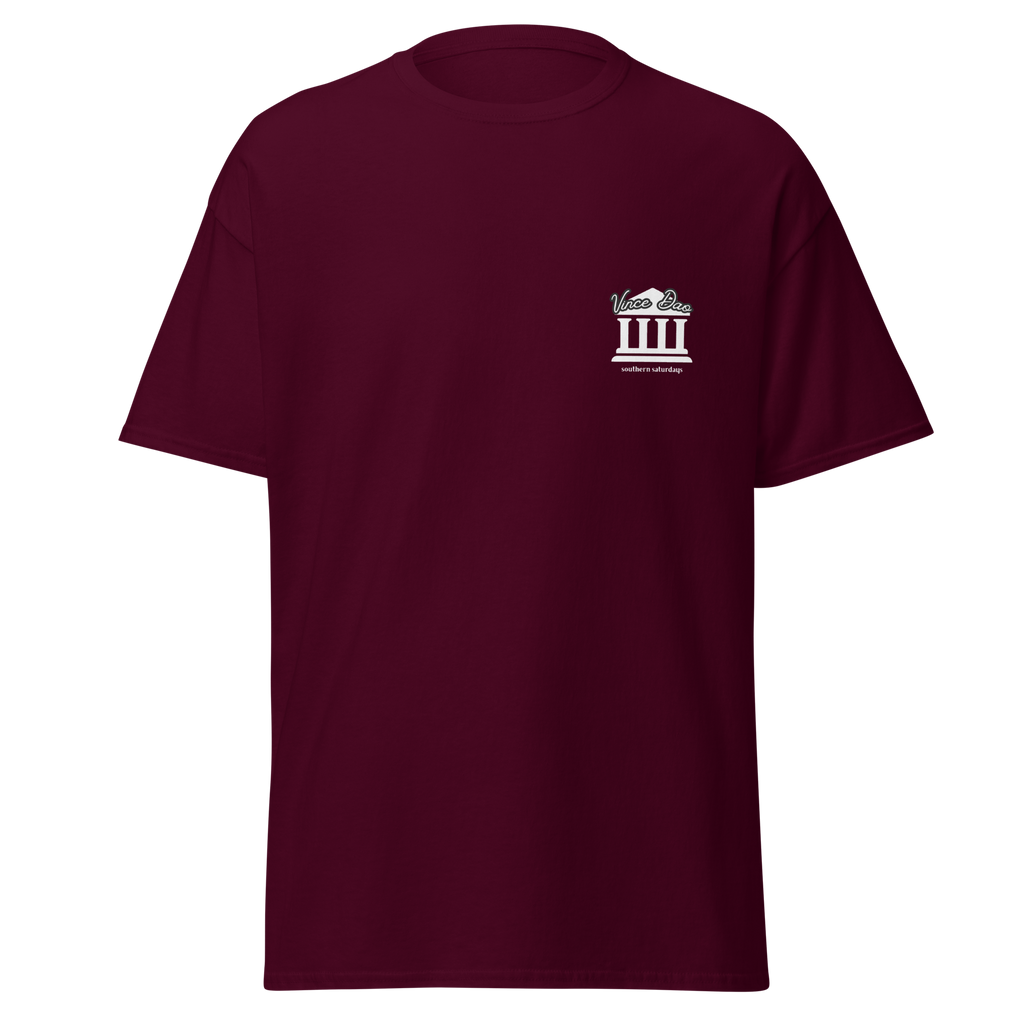 Maroon t-shirt with a small white columned building emblem on the left chest