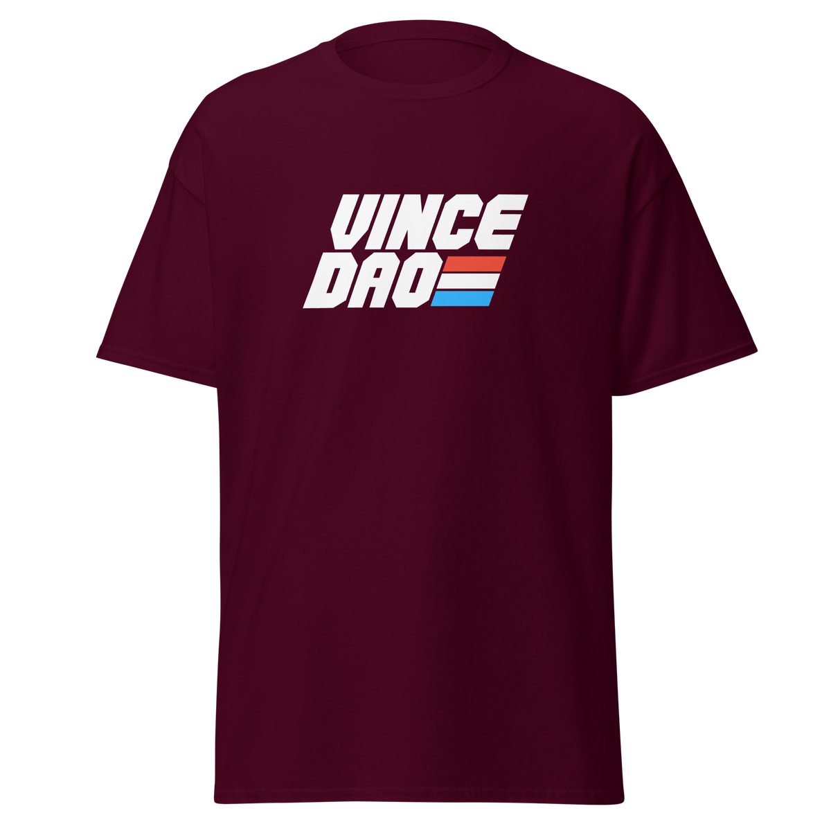 Maroon t-shirt with the bold Vince Dao block logo in white with red and blue bars