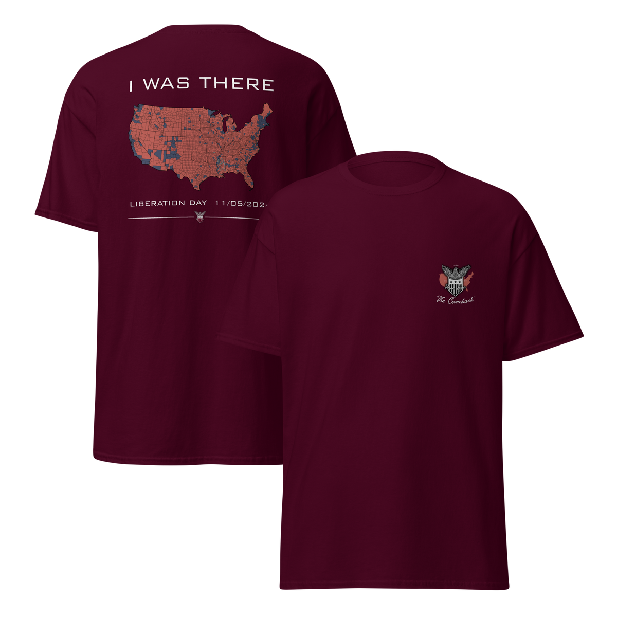 Two maroon t-shirts shown together, one with the I Was There map design and one with the small chest emblem