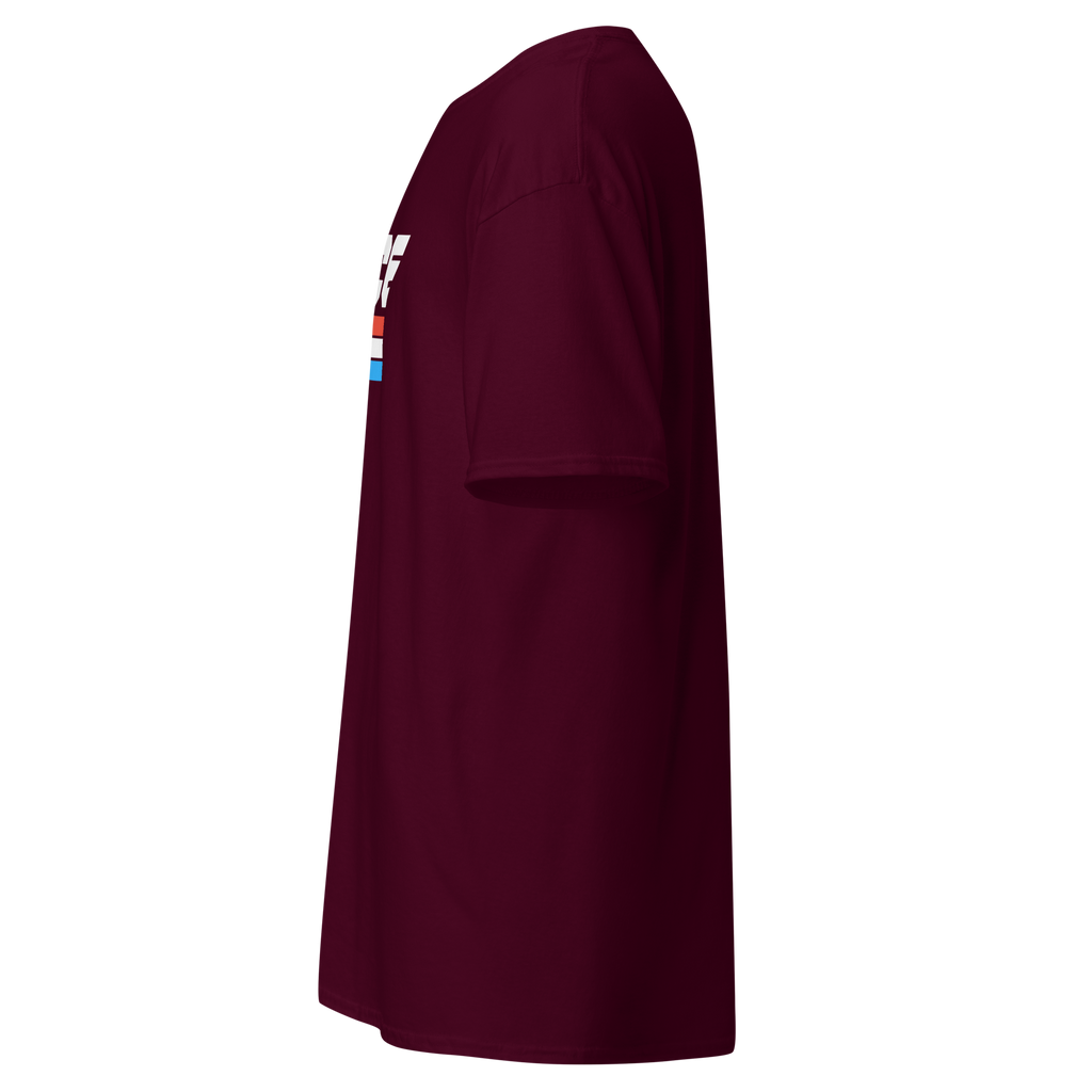 Maroon t-shirt shown from the side, showing the sleeve