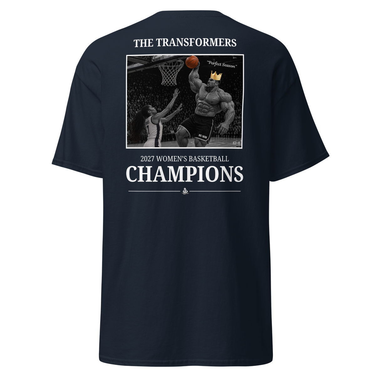 Navy t-shirt with The Transformers 2027 Women's Basketball Champions photo design
