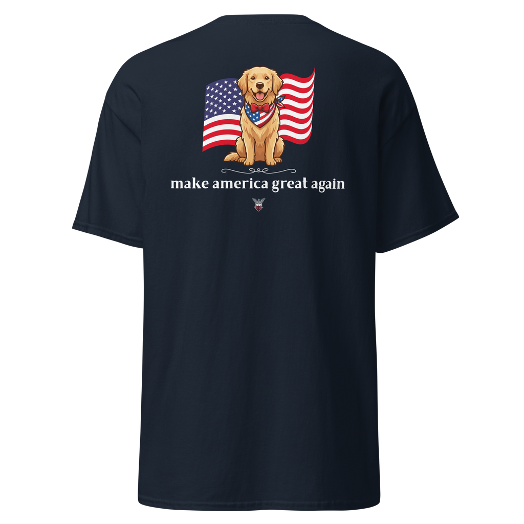 Navy t-shirt with a golden retriever holding an American flag above the words make america great again