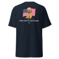 Navy t-shirt with a golden retriever holding an American flag above the words make america great again