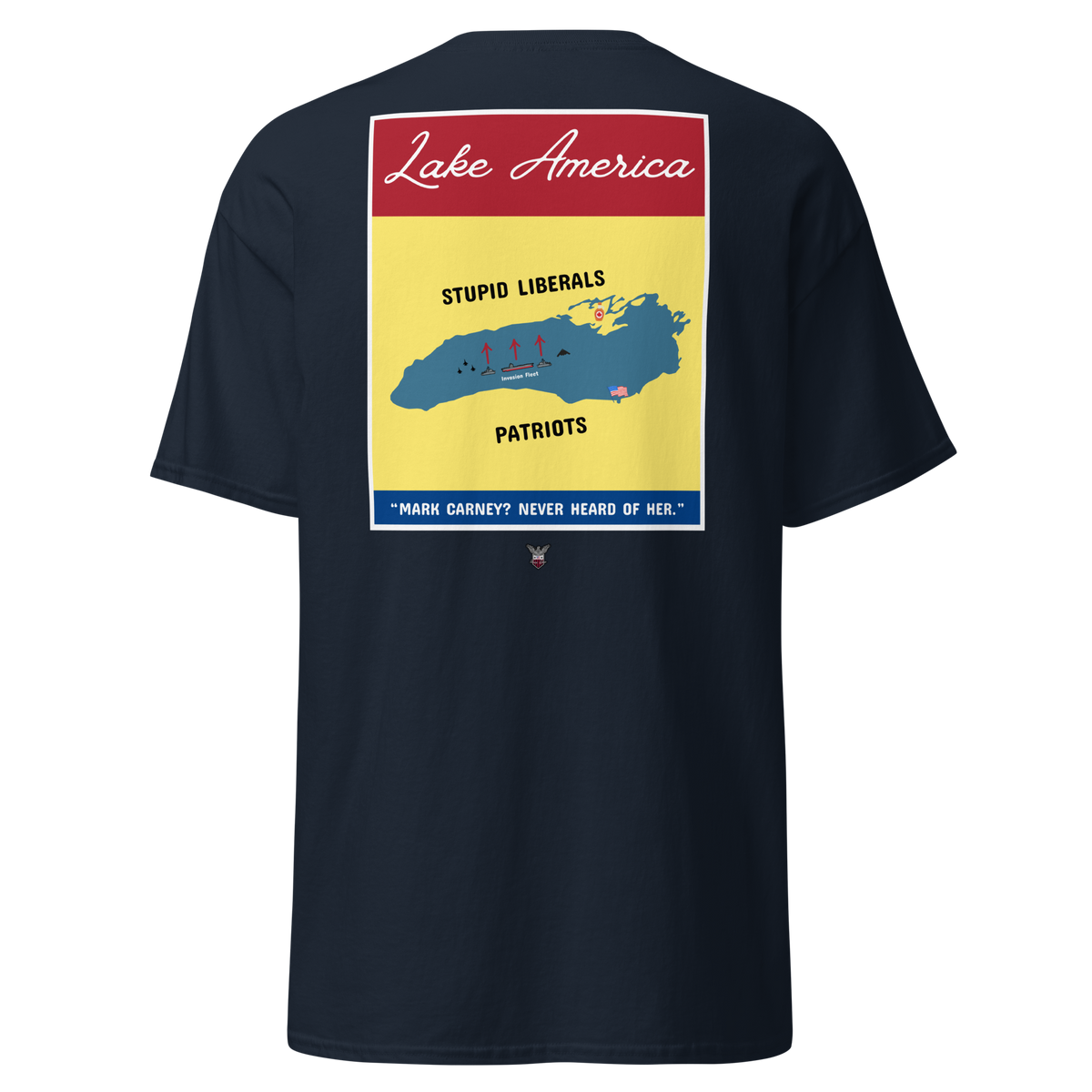 Black t-shirt with the Lake America retro poster artwork and a yellow map of the lake