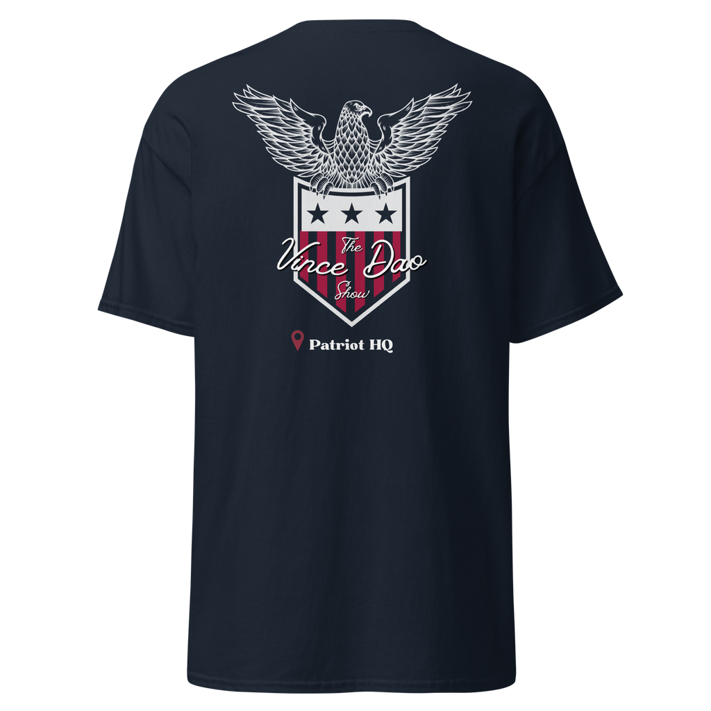 Navy t-shirt with the Vince Dao eagle and shield crest above the words Patriot HQ