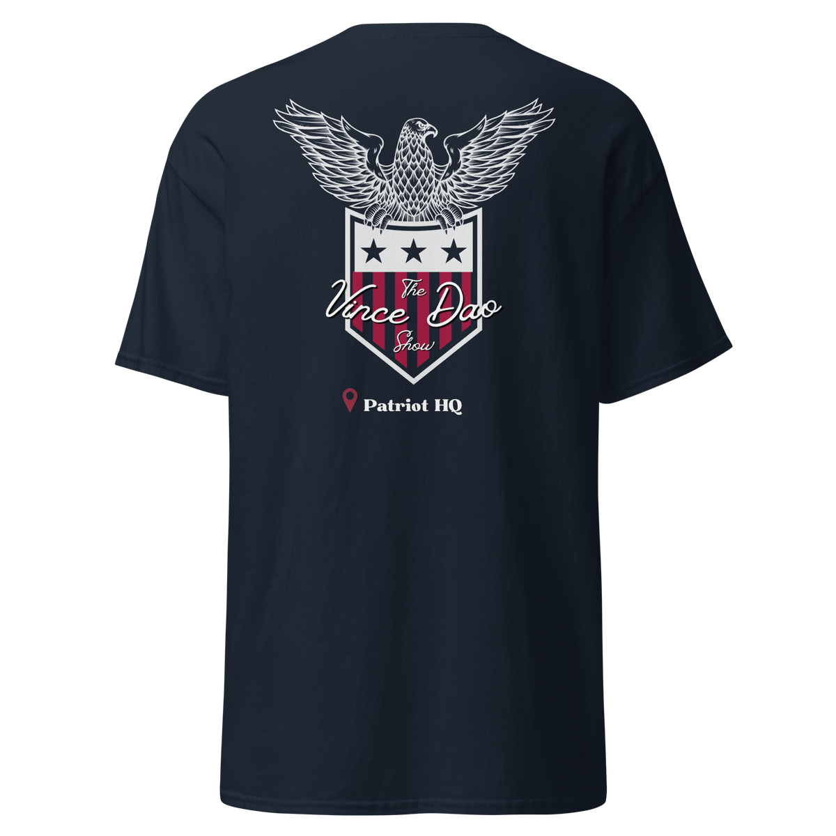 Navy t-shirt with the Vince Dao eagle and shield crest above the words Patriot HQ