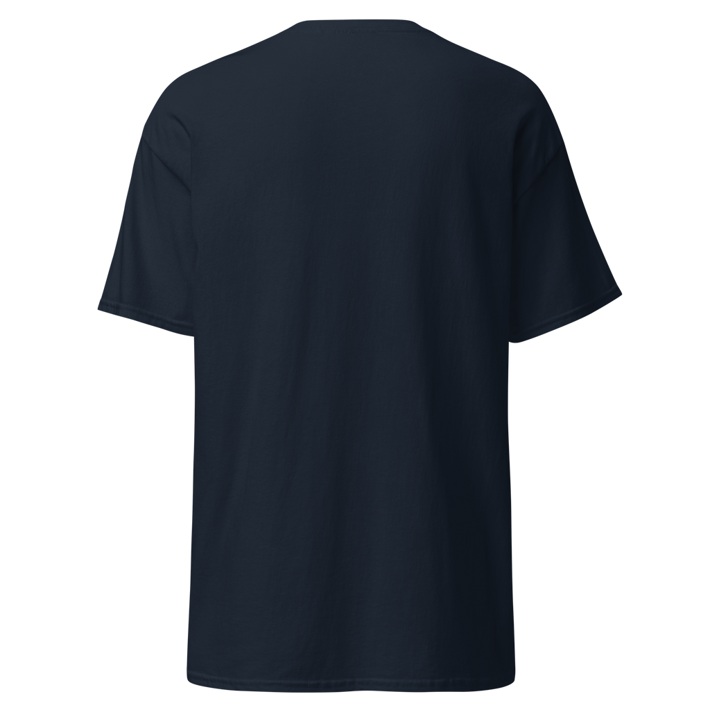 Navy t-shirt shown from the front with a small chest print