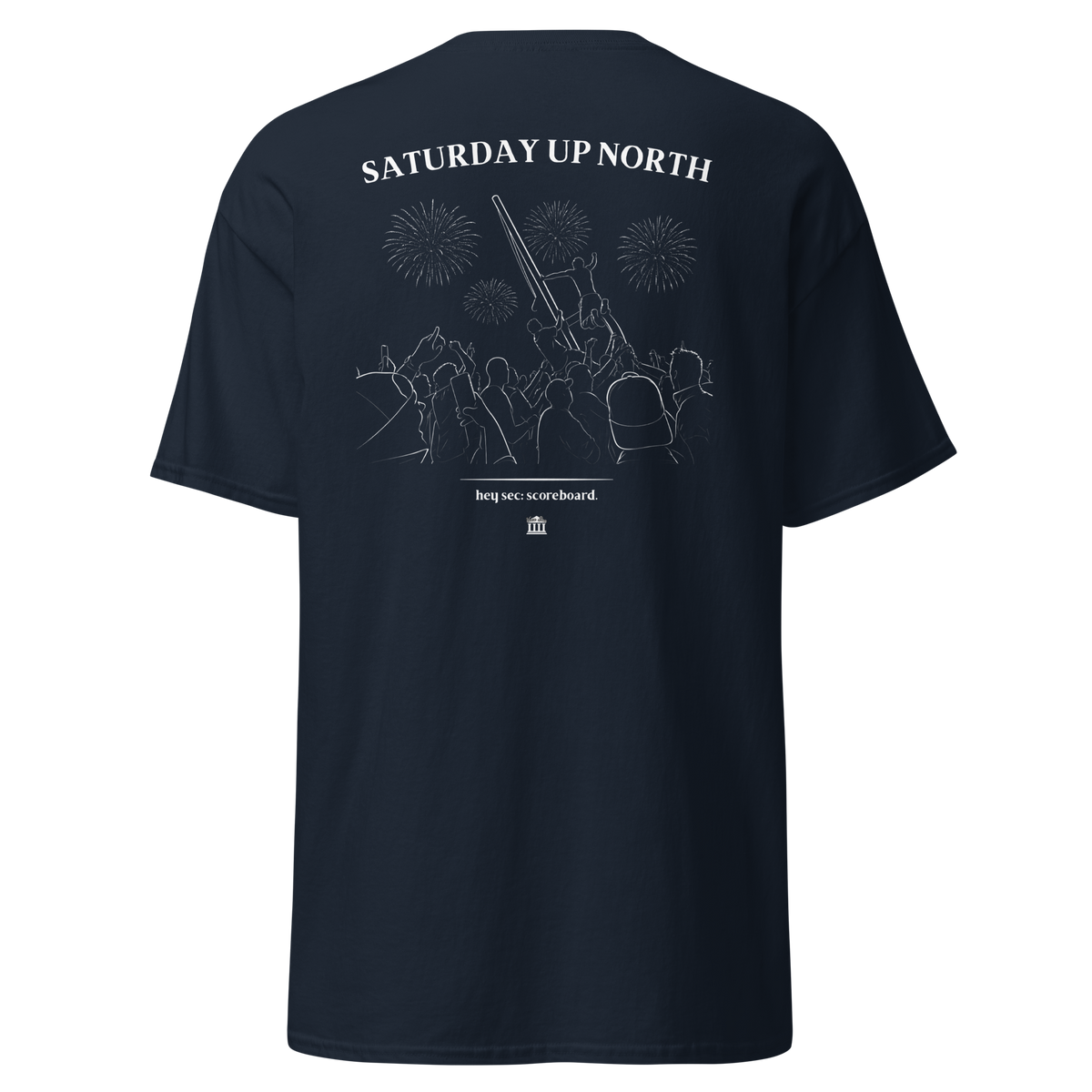 Navy t-shirt with the Saturday Up North stadium crowd and fireworks design