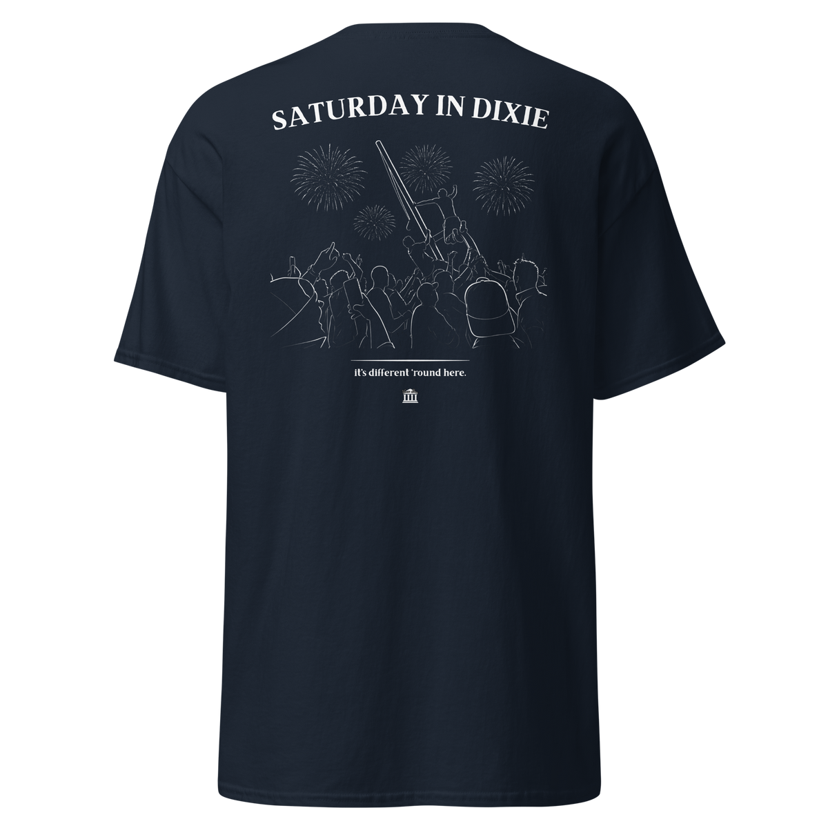 Dark navy t-shirt with the Saturday in Dixie stadium crowd and fireworks design
