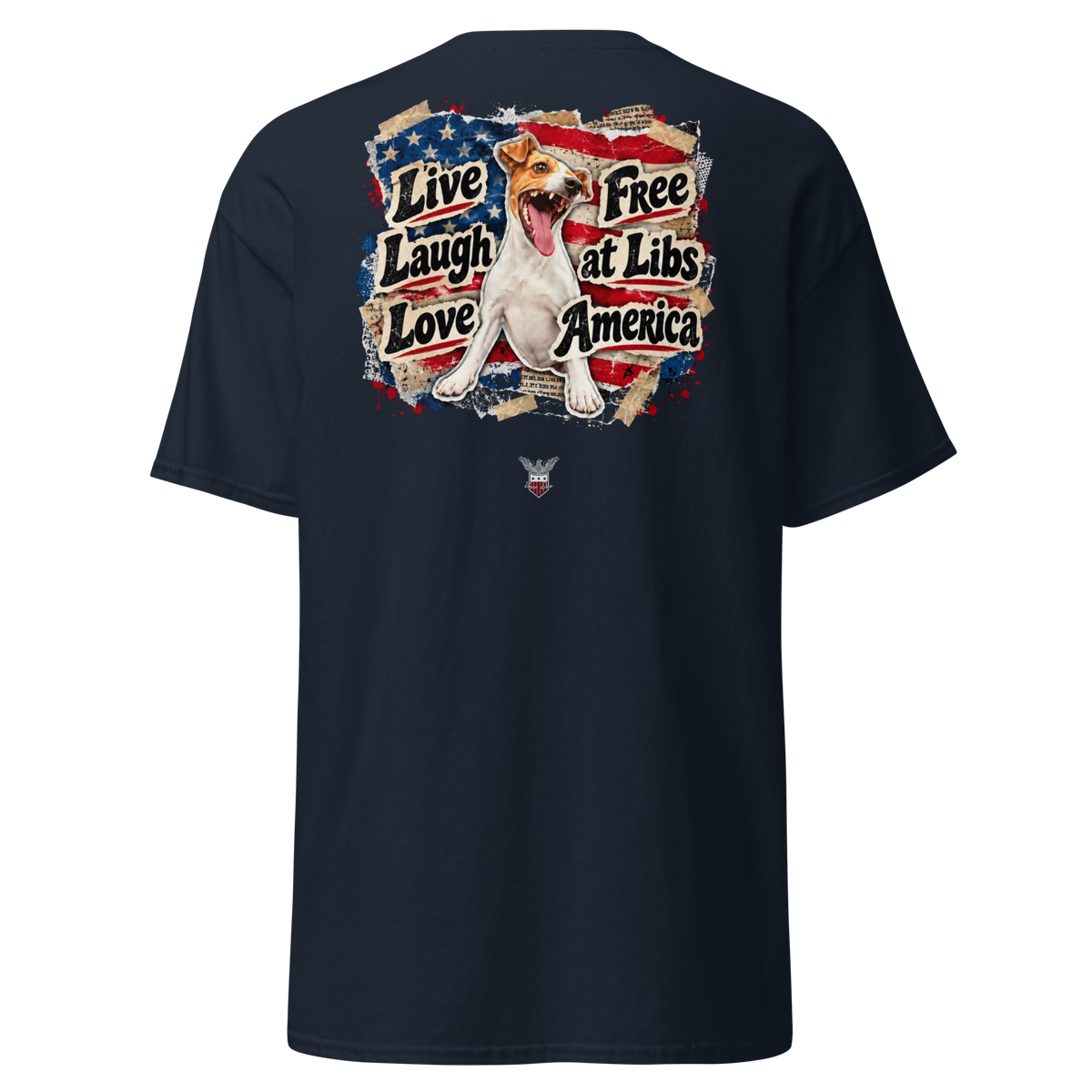 Navy t-shirt with a colorful Live Laugh Love collage featuring a laughing dog and American flags