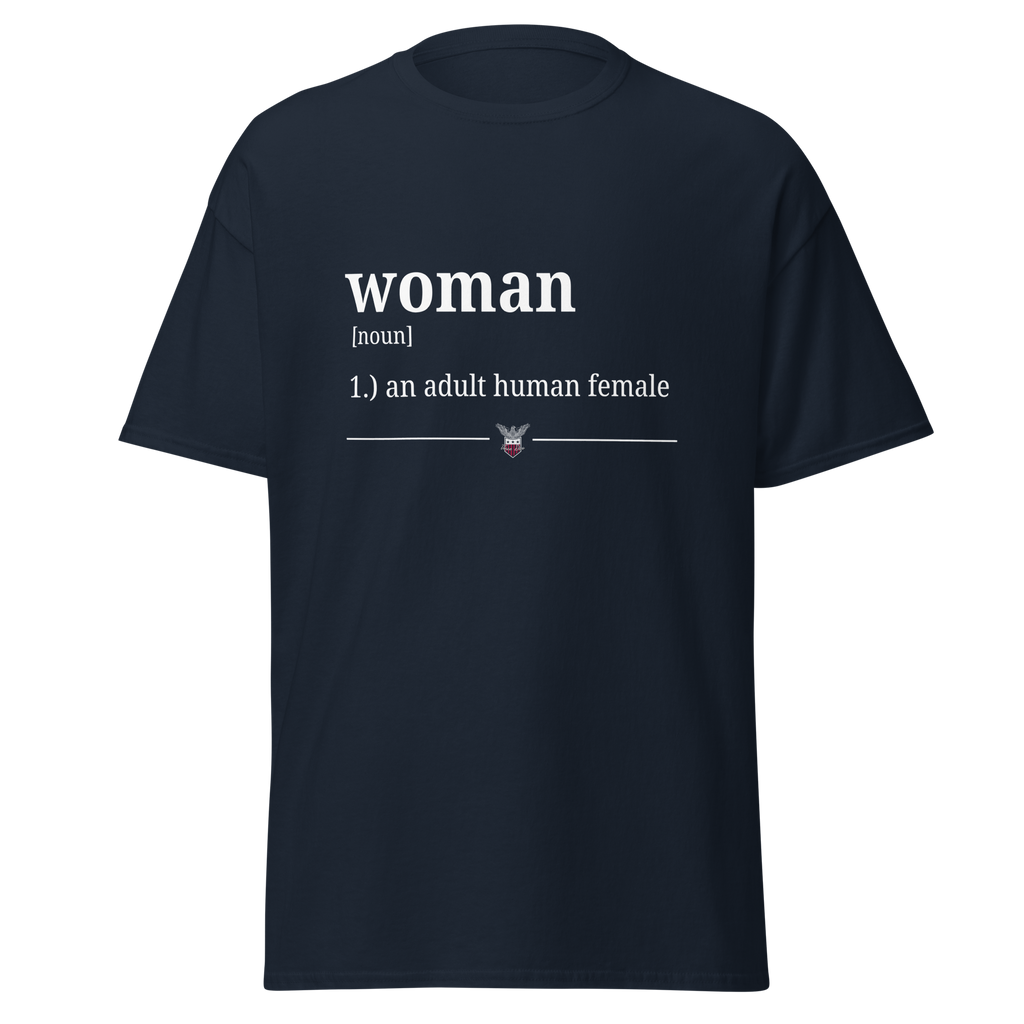 Navy t-shirt printed with the dictionary definition of woman, an adult human female