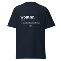 Navy t-shirt printed with the dictionary definition of woman, an adult human female