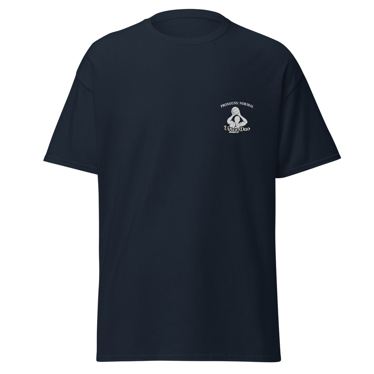 Navy t-shirt with a small white basketball emblem on the left chest