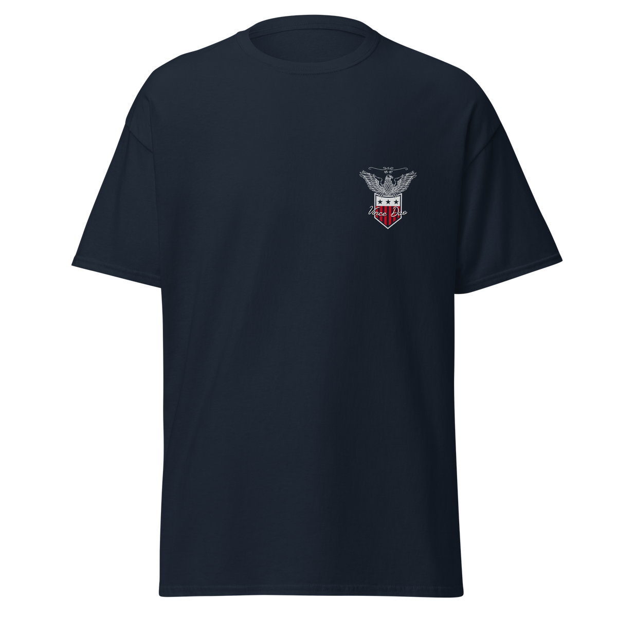 Navy t-shirt with a small red and white shield crest on the left chest