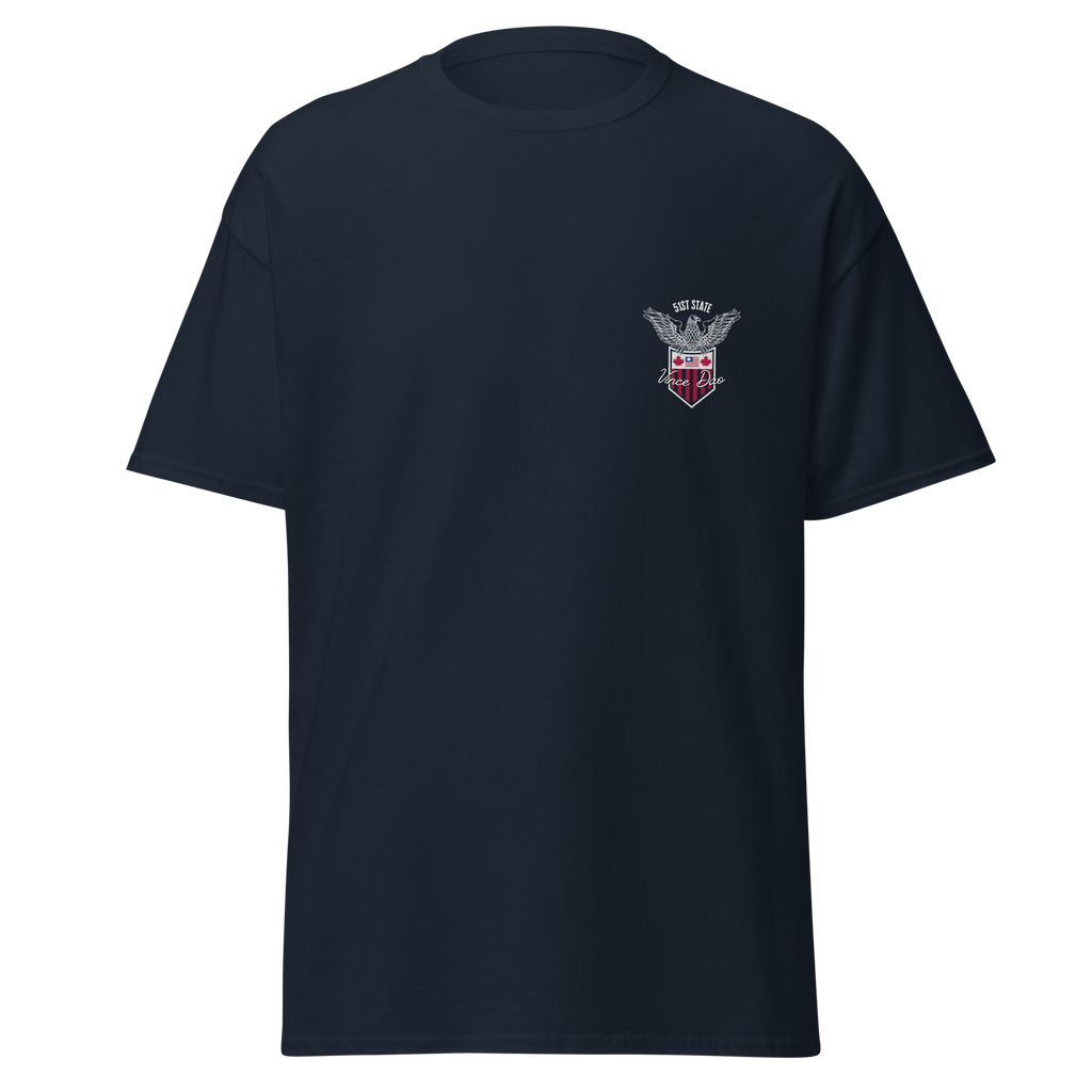 Navy t-shirt with a small red and white shield crest on the left chest