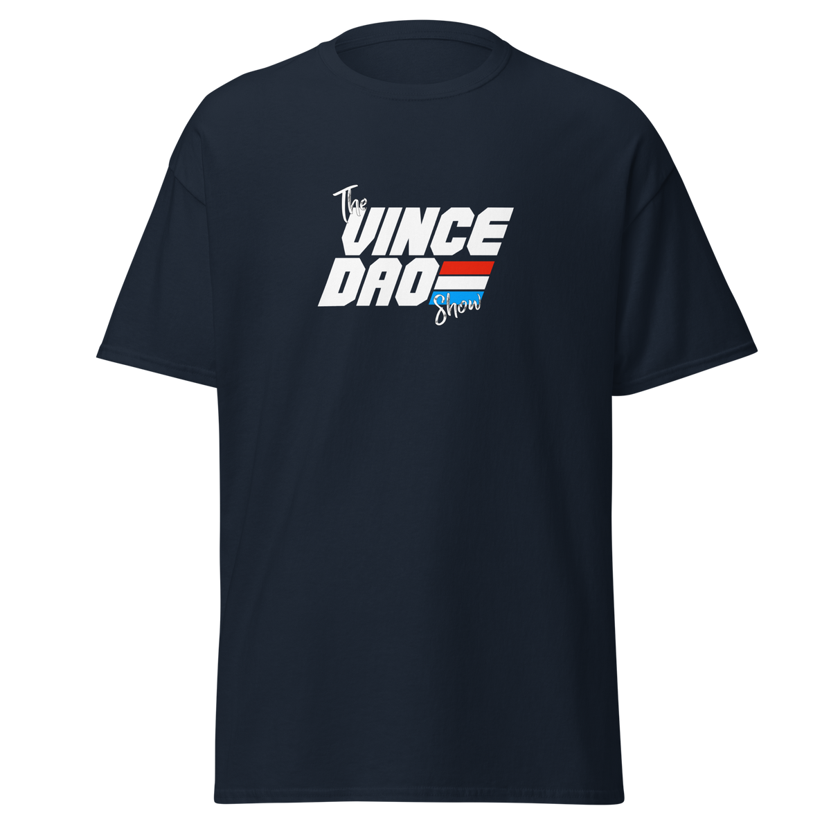 Navy t-shirt with the Vince Dao Show logo in white with red and blue bars