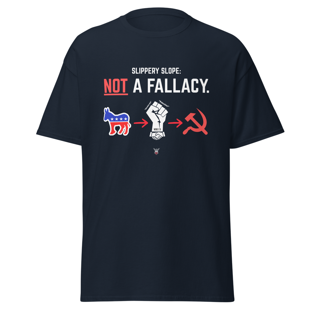 Navy t-shirt with the Slippery Slope Not A Fallacy design and three political icons